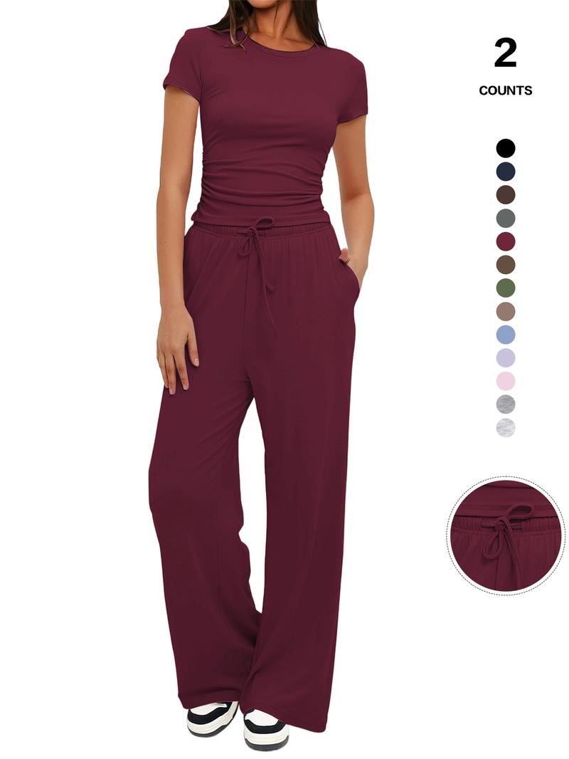 Women's Spring Summer Casual Set, Round Neck Short Sleeve Top & Wide Leg Pants, Slim Fit Home Wear, 2 Piece, Ruched Design, Drawstring