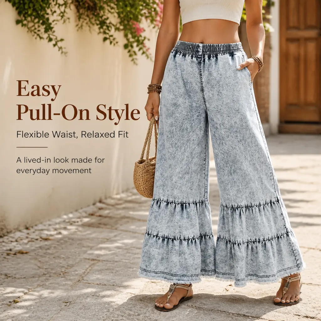 Women Elastic Waist Wide Leg Denim Pants, Vintage Washed Ruffle Tiered Raw Hem Bohemian Trousers