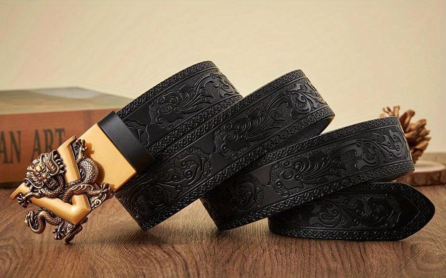 Men's Ratchet Leather Belt Engraved Vintage Dragon Leather Ratchet Belt for Men Eagle Button Belt Adjustable Brown