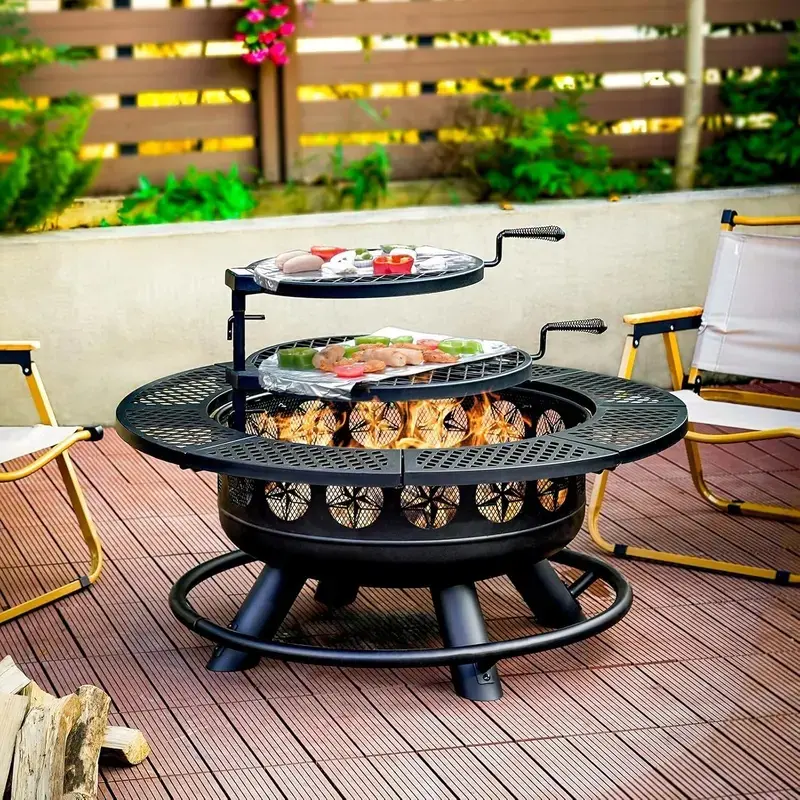 Modern Heavy Duty BBQ Fire Pit Set - Black Round 36-42in Iron Steel Outdoor Wood Burning Stove with 36" Diameter Option, 2 Grills, 15 Inch Grill Set, Lid Table for Backyard