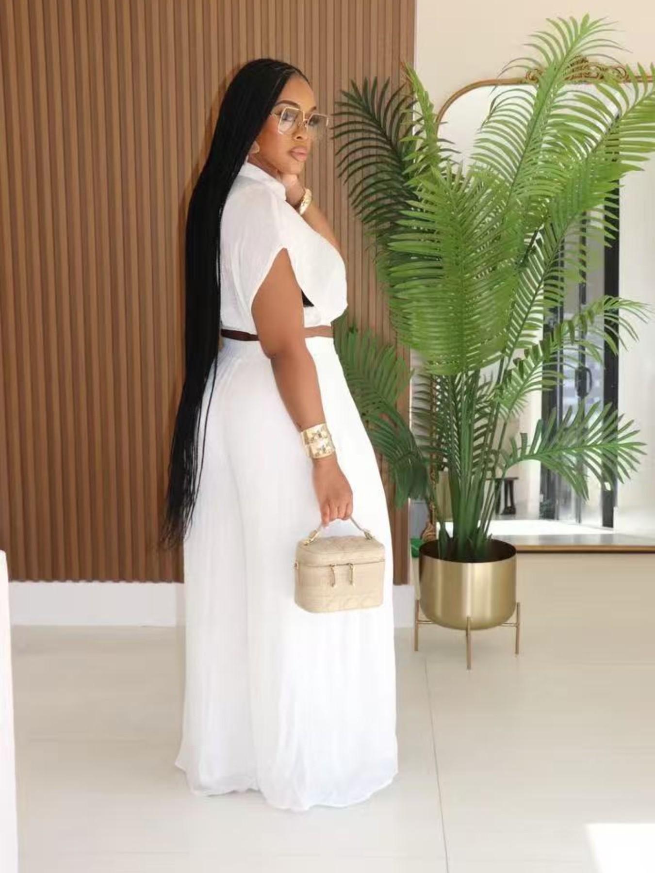 Women's Casual Vacation Chic Style Loose Collared Vneck Short Top and High Waist Wide Leg Pants Set, Comfortable and Stylish for Relaxing Days