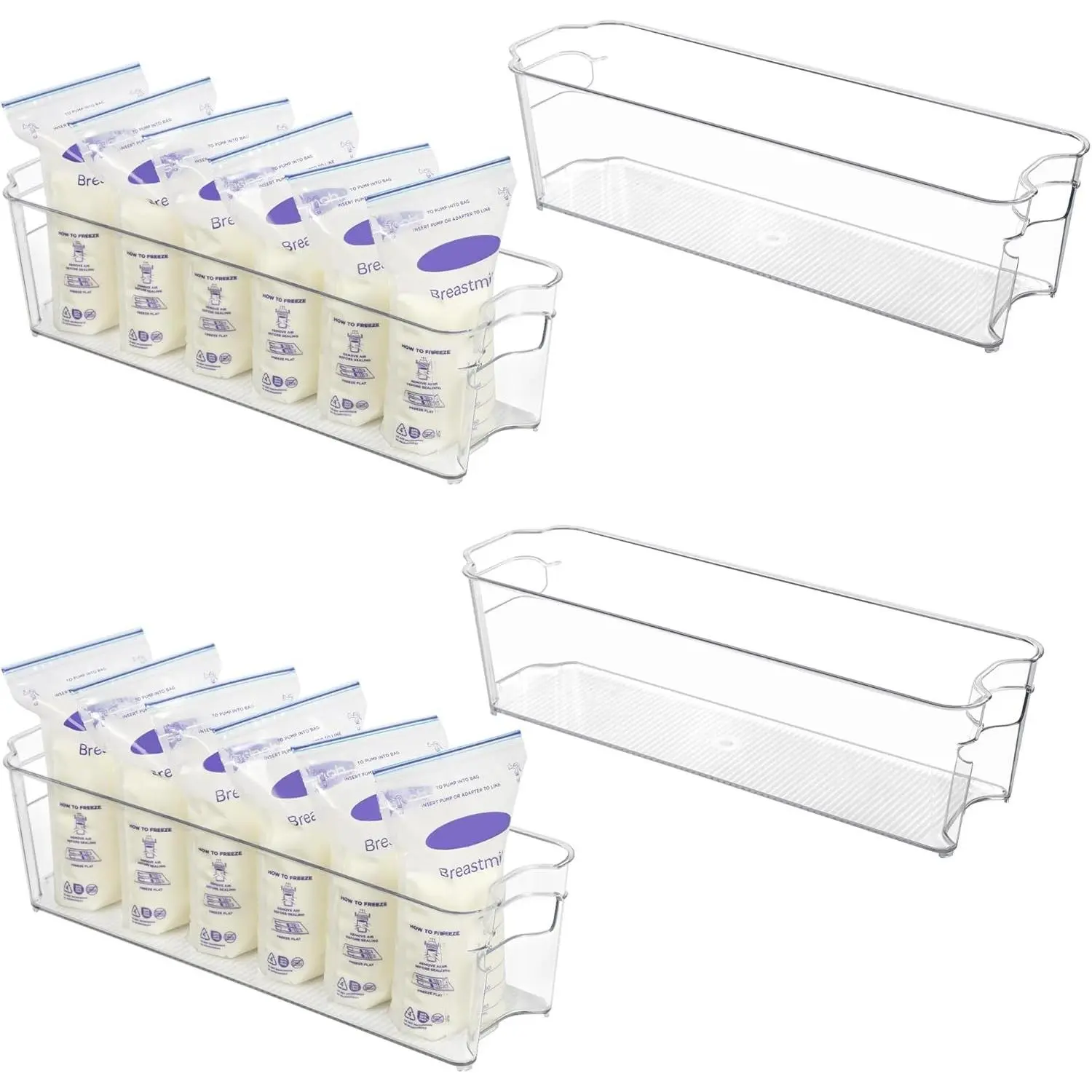 Breastmilk Storage Container 4PCS Set, Clear Freezer and Fridge Organizer Bins, Plastic Storage Bins for Breast Milk, Baby Pouches, Formula, Bottles and Yogurts, 4.3’’ Width, 14.7" Long
