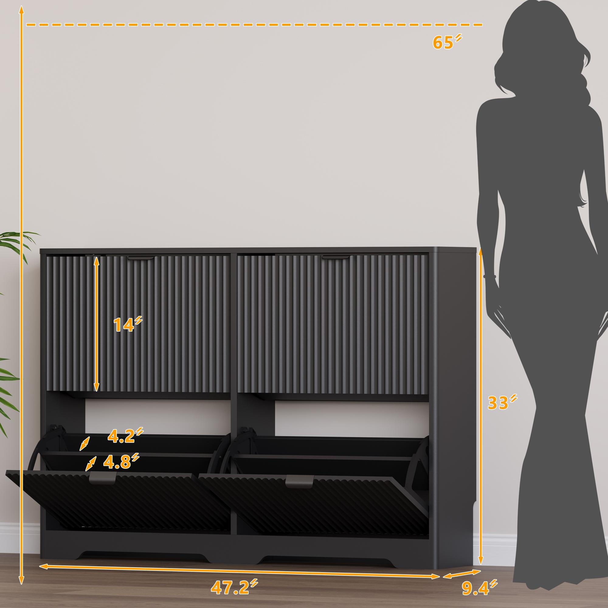 Shoe Cabinet Storage for Entryway with 4 Flip Drawers, Black Fluted Shoe Cabinet with Adjustable Shelves, Wooden Hidden Shoes Rack Freestanding Narrow Slim Shoes Storage for Hallway, Entrance Shoe Cabinet Storage for Entryway with 4 Flip Drawers, Black Fluted Shoe Cabinet with Adjustable Shelves, Wooden Hidden Shoes Rack Freestanding Narrow Slim Shoes Storage for Hallway, Entrance