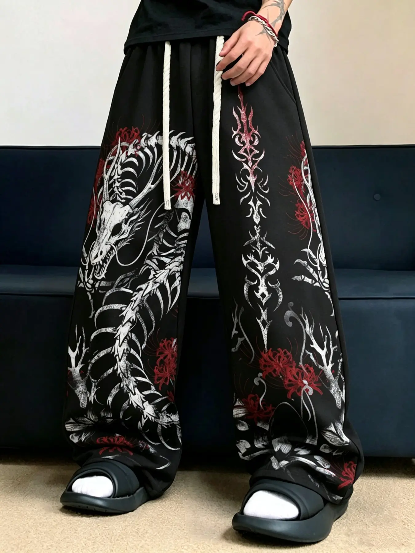 Men Gothic Dragon Skeleton Print Wide-Leg Sweatpants, Soft Loose Drawstring Streetwear Trousers, Casual Baggy Pants for Teens and Adults