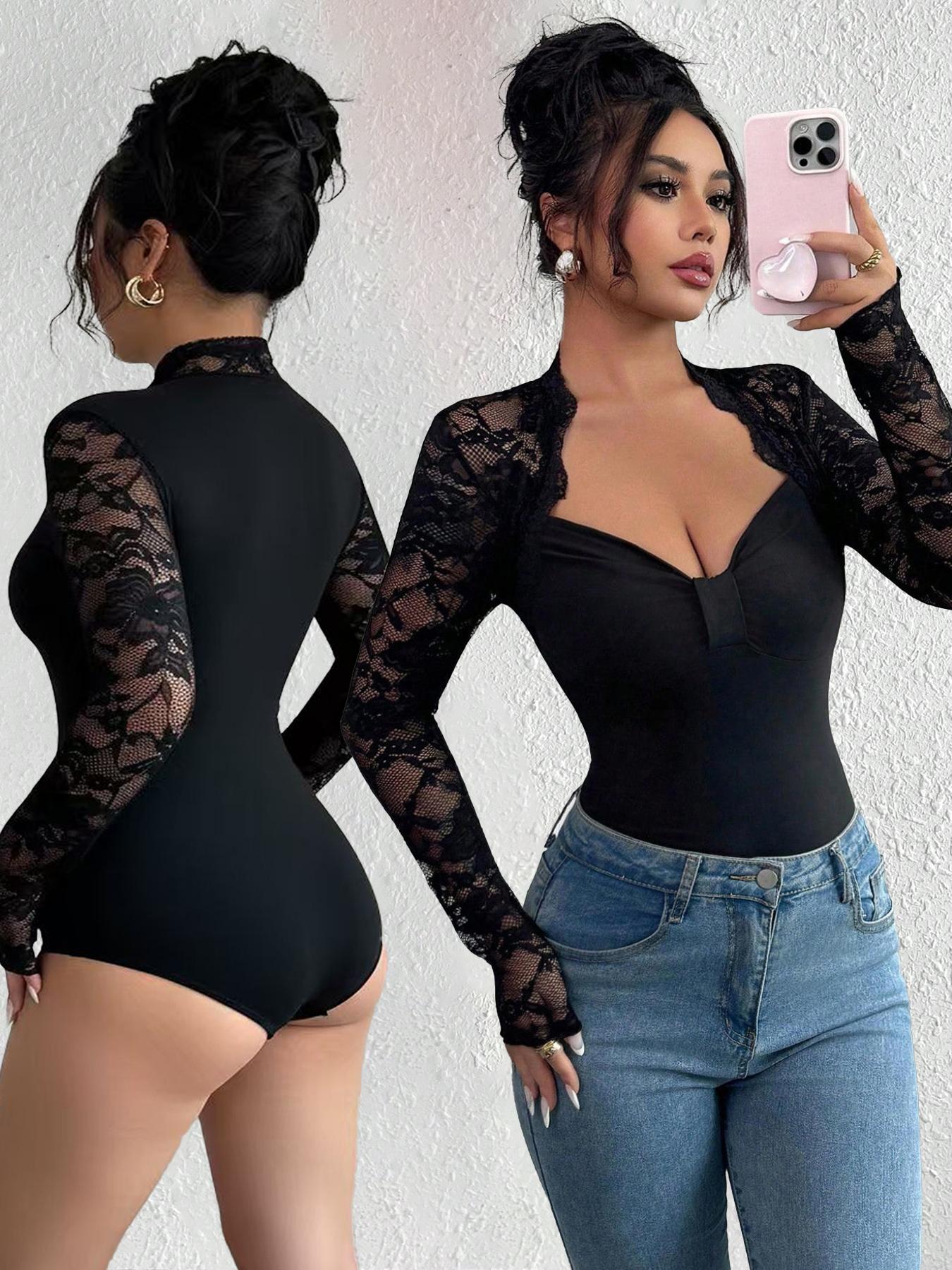 Women's Fall Winter Fashion Design Big V-Neck Solid Color Long Sleeve Jumpsuit, Lace Patchwork, Versatile Stylish One-Piece Bodysuits