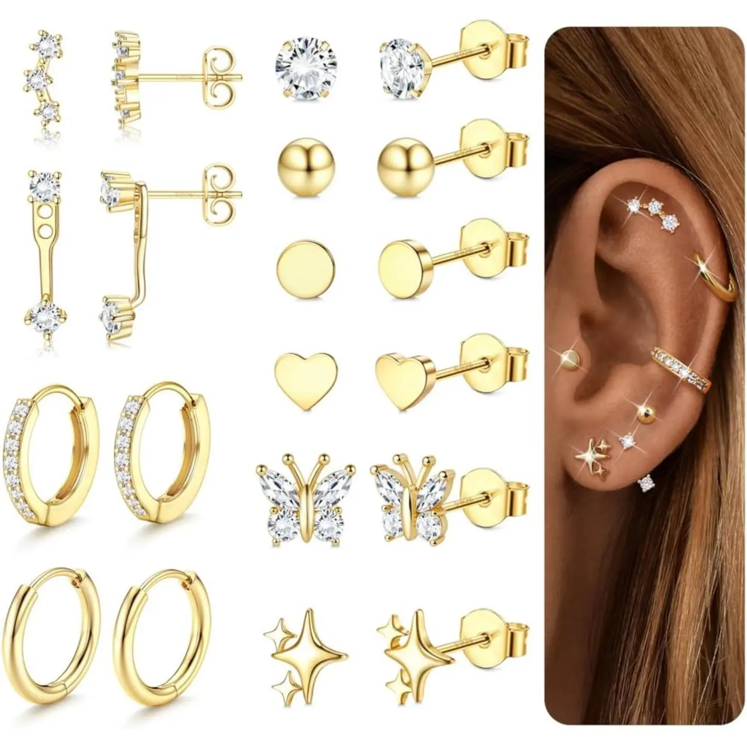 CASSICEA Sterling Silver Earrings for Women Hypoallergenic Earrings for Multiple Piercing Dainty 14K Gold-plated Plated Stud Hoop Earring Sets Small Silver Earring Stacks Piercing Jewelry, Studs Earrings, Cute Earring Stacks  Sohochic