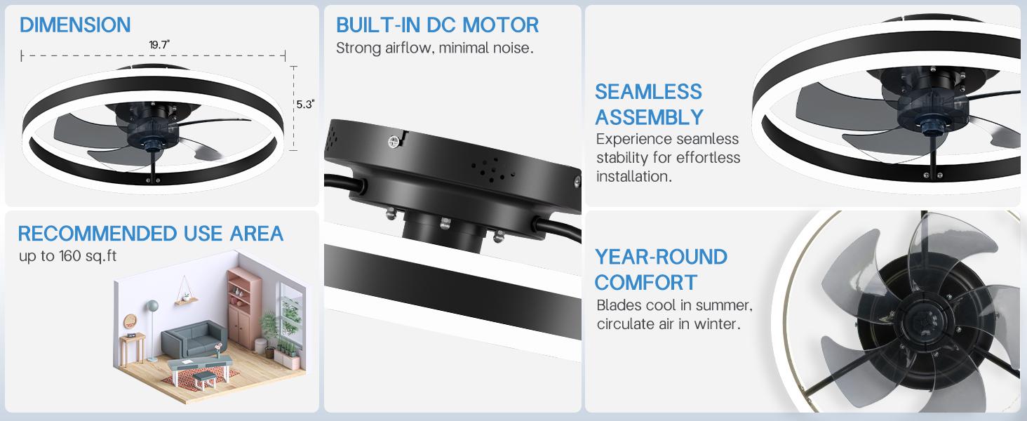 Modern Ceiling Fan with Light and Remote 19.7 Inch Low Profile Flush Mount 6 Speeds 3-Color Dimmable LED Reversible Airflow for Bedroom