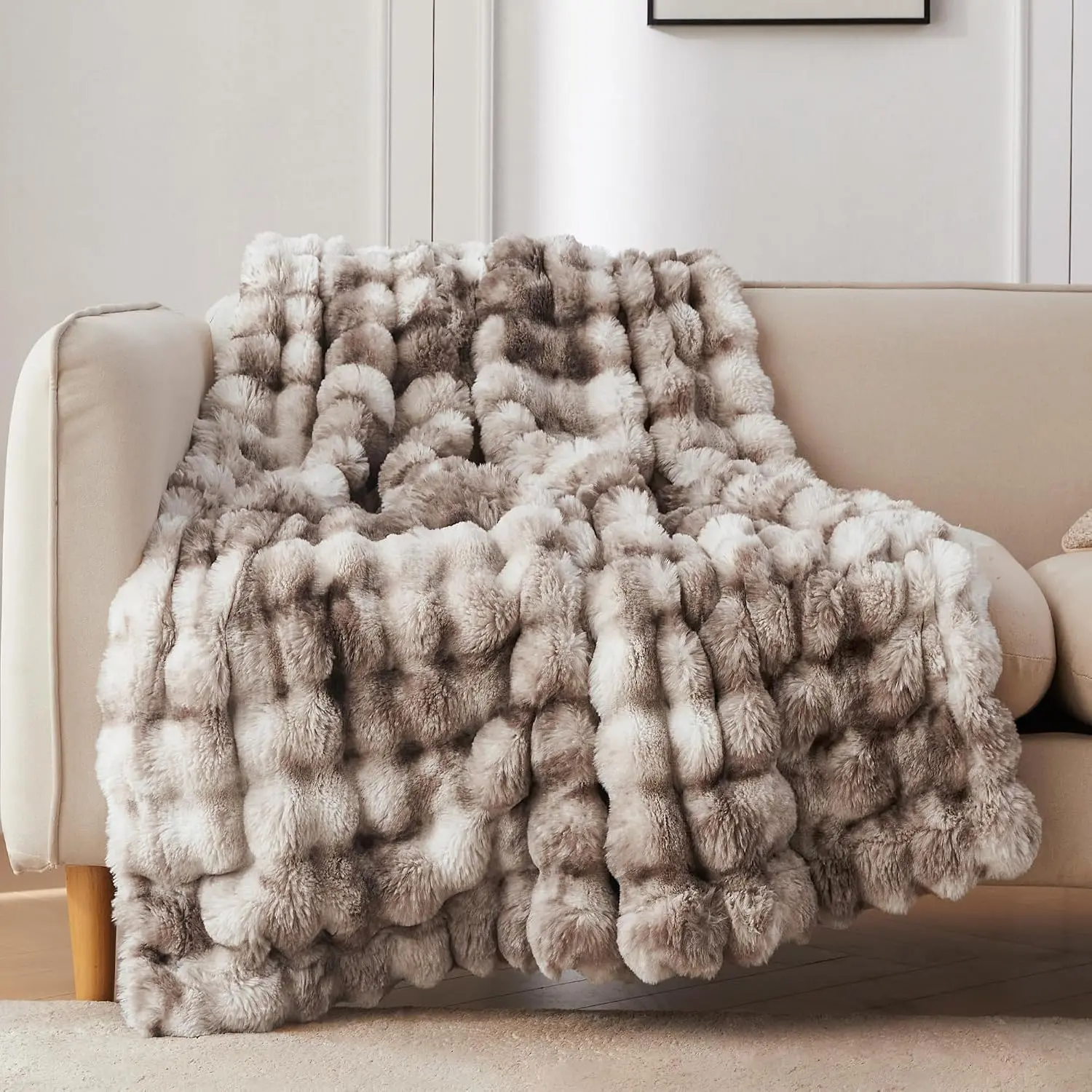 Soft Bubble Faux Fur Throw Blanket, 50"x60", Tie-dye Brown