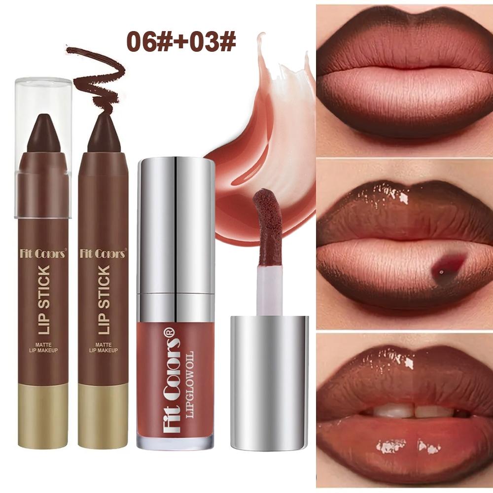 Fit Colors Matte Lip Liner Lip Bullet and Moisturizing Pearl Lip Oil Set Lip Combo, Natural Nude Glossy Lip Makeup, Long-Lasting Hydration Gift