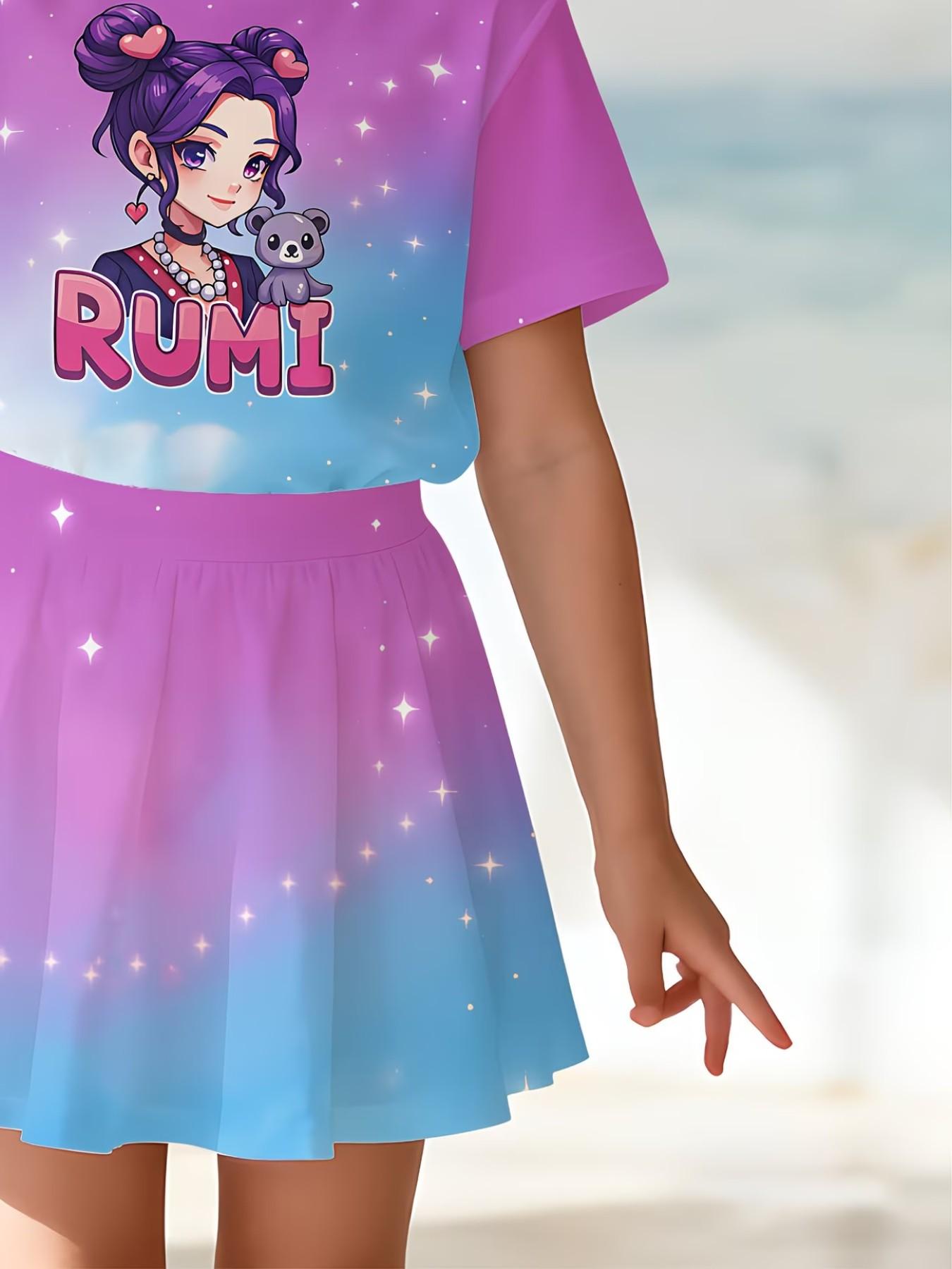 Girls' Summer Casual, Cartoon Anime 3D Print, Fashion Round Neck Short Sleeve Top + Skirt, Comfortable Summer Clothes for Kids