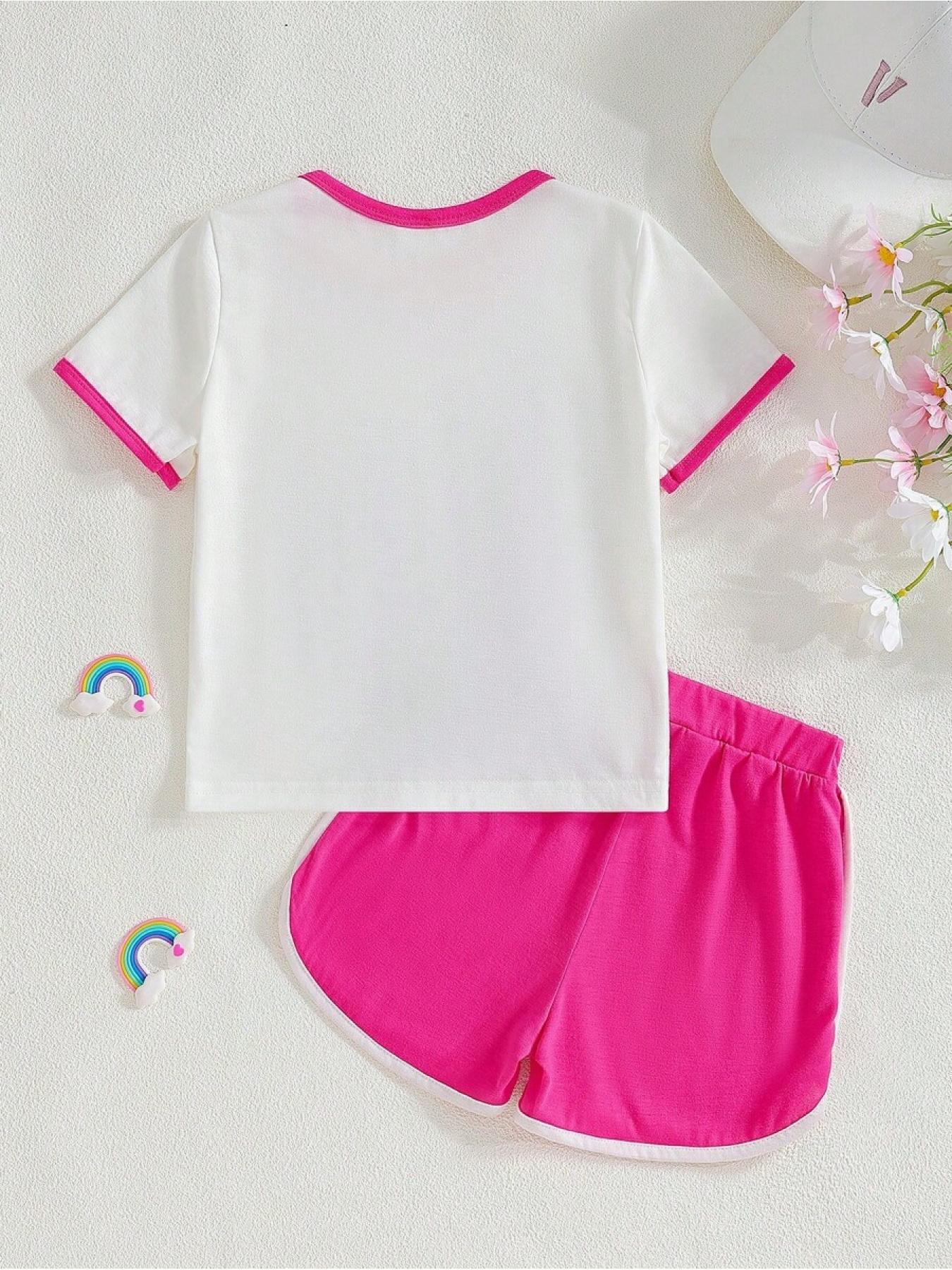 2pcs/Set Young Girls Colorful Unicorn & English Print Round Neck Short Sleeve T-Shirt And Elastic Waist Loose Shorts, Casual & Sports Outfit For Summer, School, Campus, College