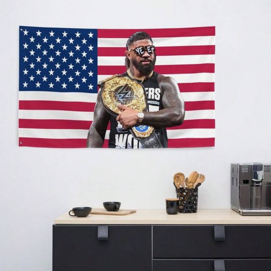 J U Y Wrestling Banner, American Flag Background with Champion Belt Design, 3x5 Ft Indoor & Outdoor Wall Decor Flag for Wrestling Fans