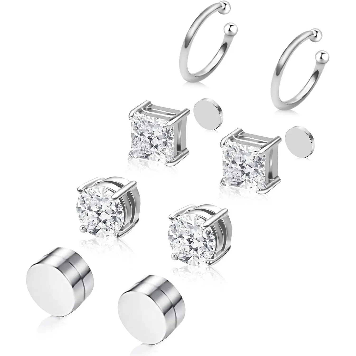 Magnetic Earrings for Men Women 4 Pairs Clip On Stainless Steel Hypoallergenic Cubic Zirconia Stud Earrings Non-Piercing Ear Cuff, Aretes De Iman Para HombreGift