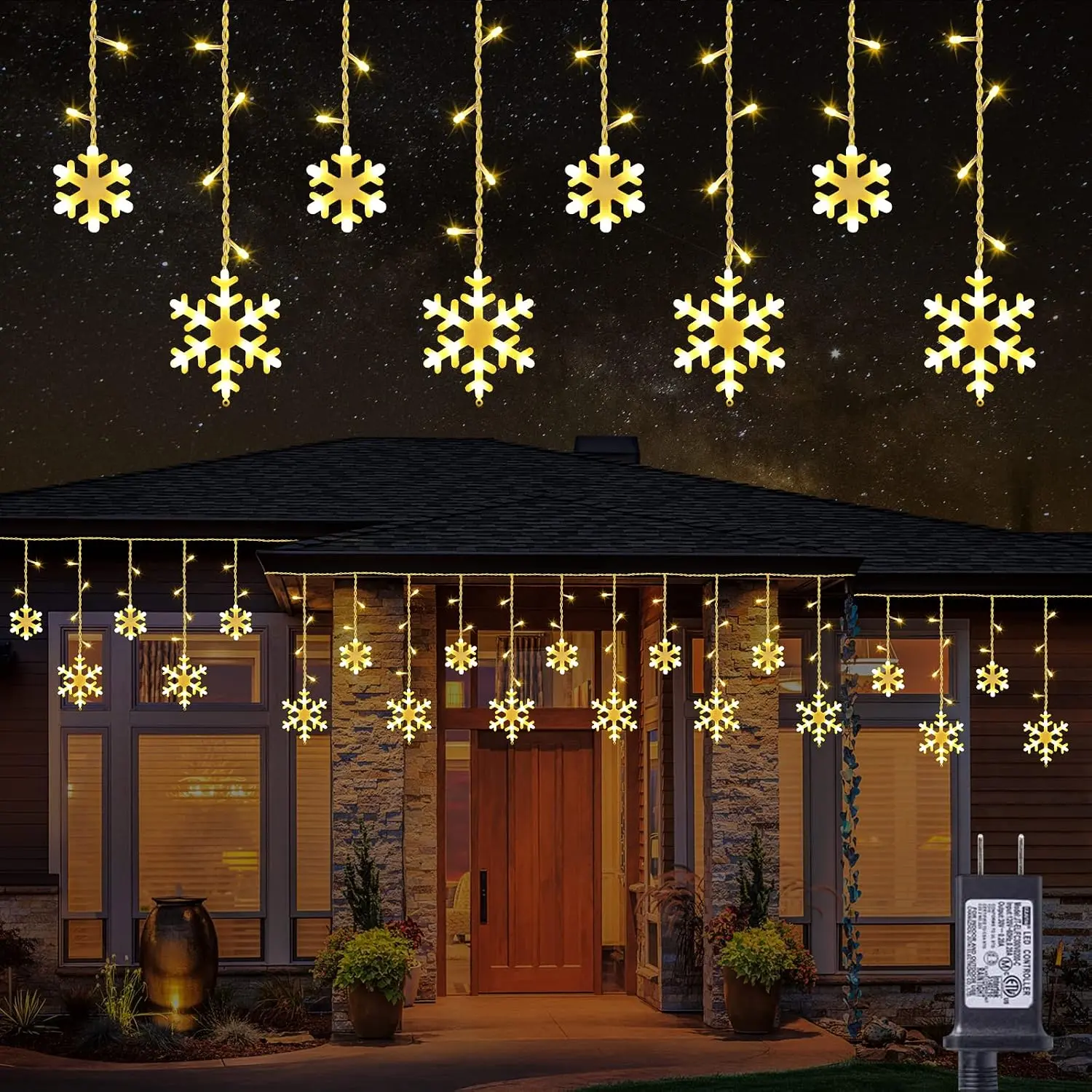 Christmas Snowflake Lights, 10.66ft 168 LED Icicle Lights Outdoor with 14 Drops, 8 Modes  Connectable Christmas Light for Eaves, Wedding, Garden, Yard, Indoor Outdoor Xmas Decor (Warm White)