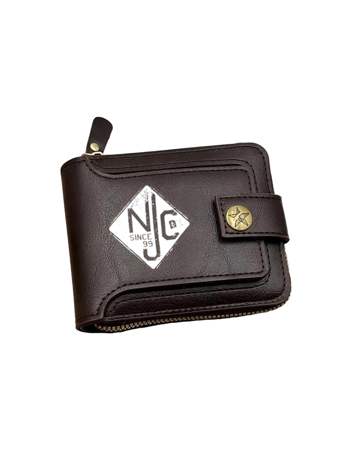 Vintage Black Leather Wallet with NJC Logo Print Design  Stylish Daily Use Gift for Men  Durable Zipper and Button Closure  Perfect Birthday  Christmas  Father's Day  Valentine's Day Gift for Boyfriend  Husband  and Friends  Practical Travel and Office
