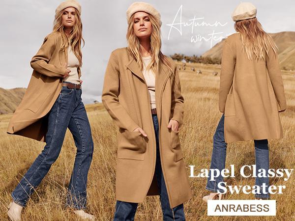 ANRABESS Women's Open Front Knit Cardigan Long Sleeve Lapel Casual Solid Sweater Jacket