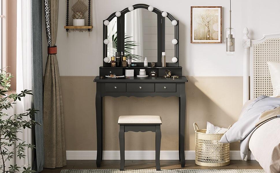 Sikaic Makeup Vanity Set With Lighted Mirror Stool Drawers And Cushioned Stool Vanity Desk with Adjustable Lights Furniture Bedroom Sikaic Makeup Vanity Set With Lighted Mirror Stool Drawers And Cushioned Stool Vanity Desk with Adjustable Lights Furniture Bedroom