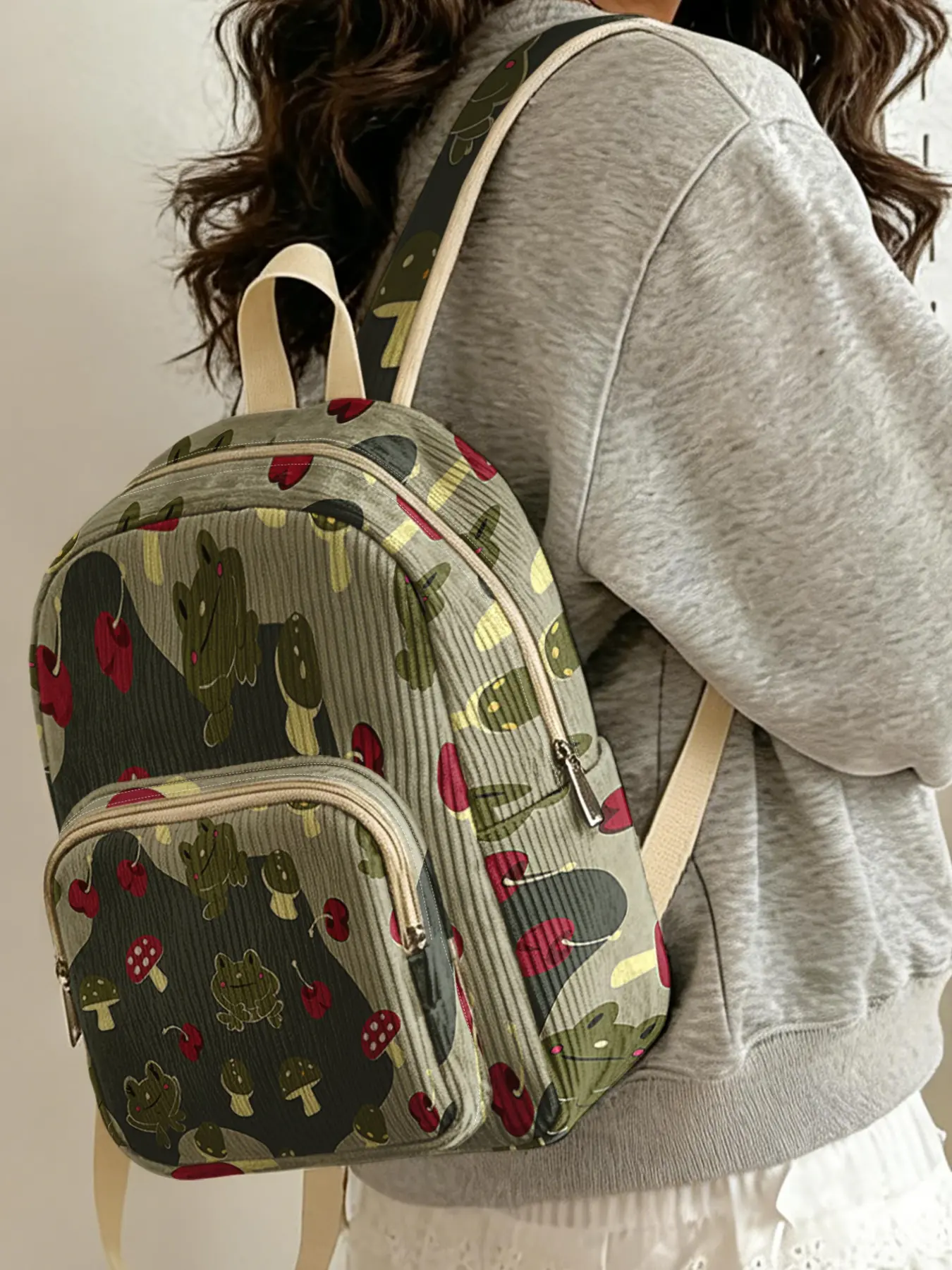 Women's Frog Mushroom Print Backpack, Velvet Texture, Layered Storage, Lightweight, Casual Style, All Seasons, Ideal for School & Travel