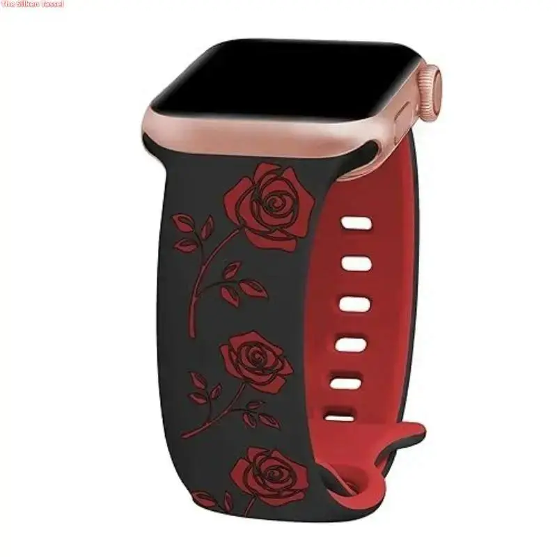 3D Laser Engraved Floral Silicone Watch Band, Two-Tone With Butterfly Figure 8 Clasp 38/40/41/42/44/45/49mm For Daily Stylish Wear Fits All Apple Watch Series (No Watch) Halloween tiktokshopbacktoschool