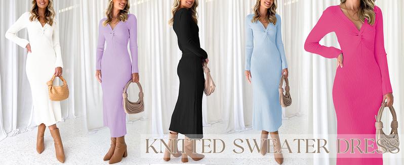 Wenrine Women's Ribbed Knit Dress Long Sleeve V Neck Casual Sweater Bodycon Dress Soft Elastic Comfortable Slim Fit Midi Dress for Spring Autumn Winter