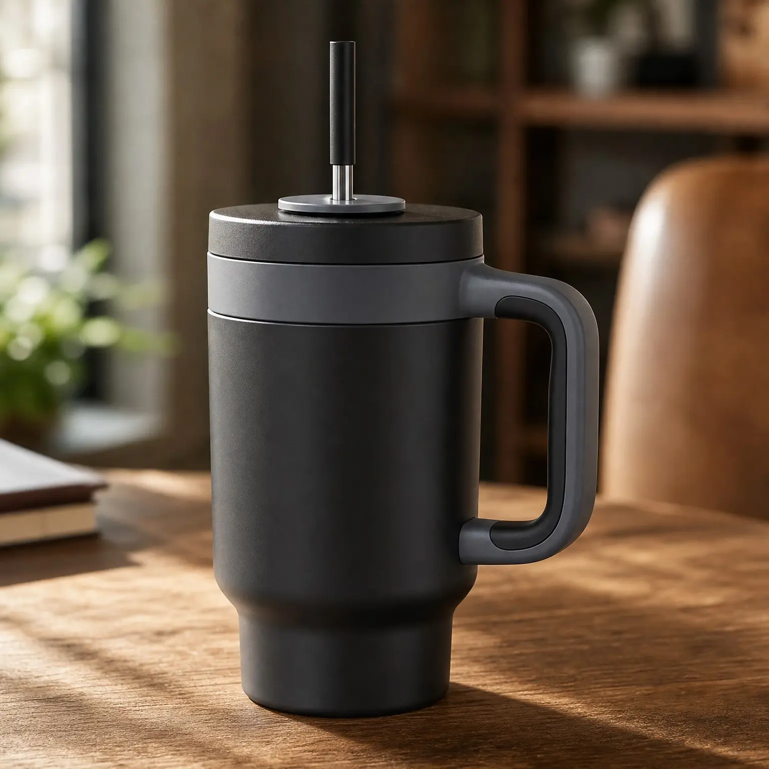 40 oz Tumbler with Handle, 2-in-1 Straw and Sip Lid, Leakproof, Dishwasher Safe, Insulated Stainless Steel Travel Coffee Mug, Keeps Cold for 34 Hours, Fits in Car Cup Holder (Midnight)