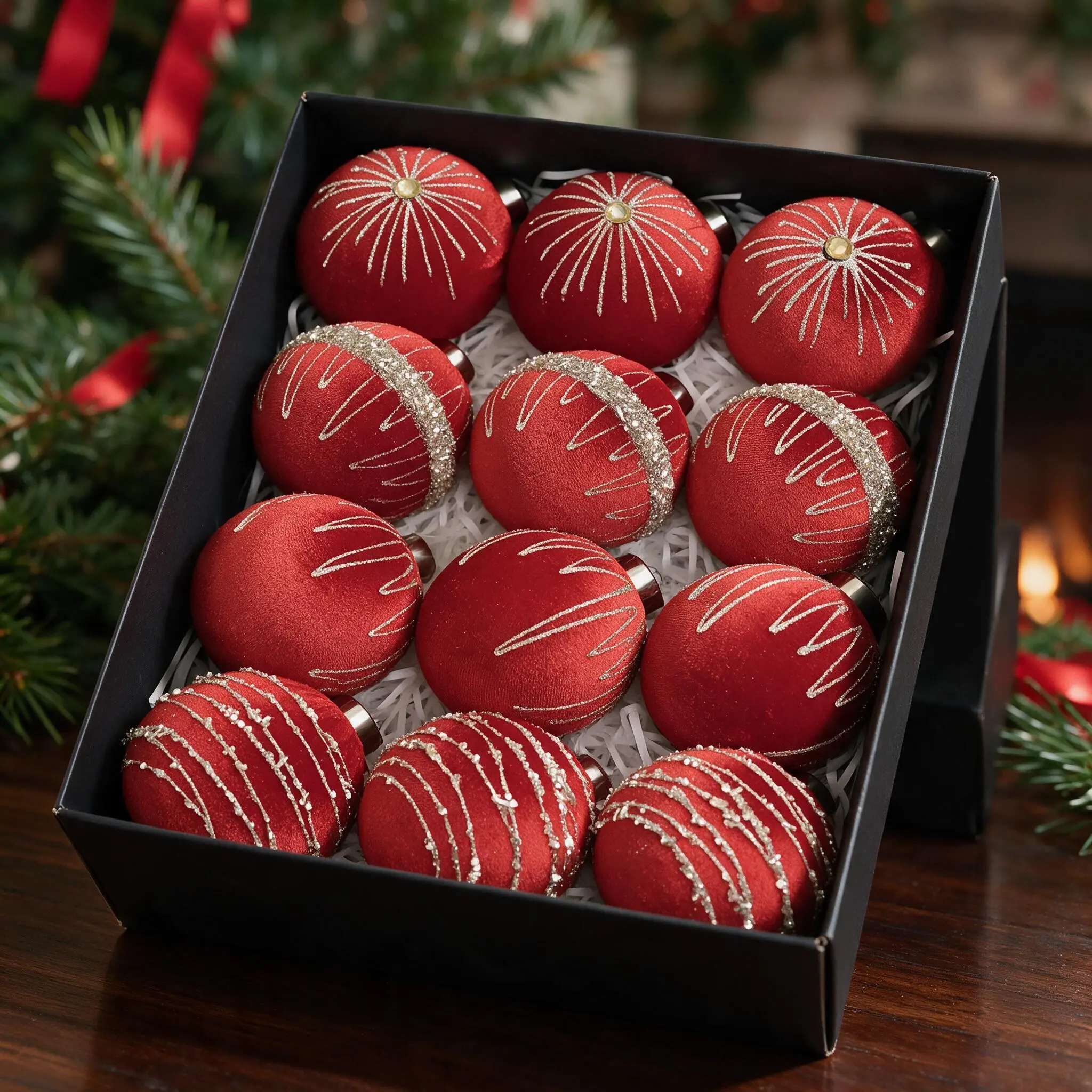 12-Pack 8cm Wine Velvet Christmas Ornaments, Gold Thread Embroidery, Lightweight Foam Core, Metal Hanger, Perfect for Holiday Decorations