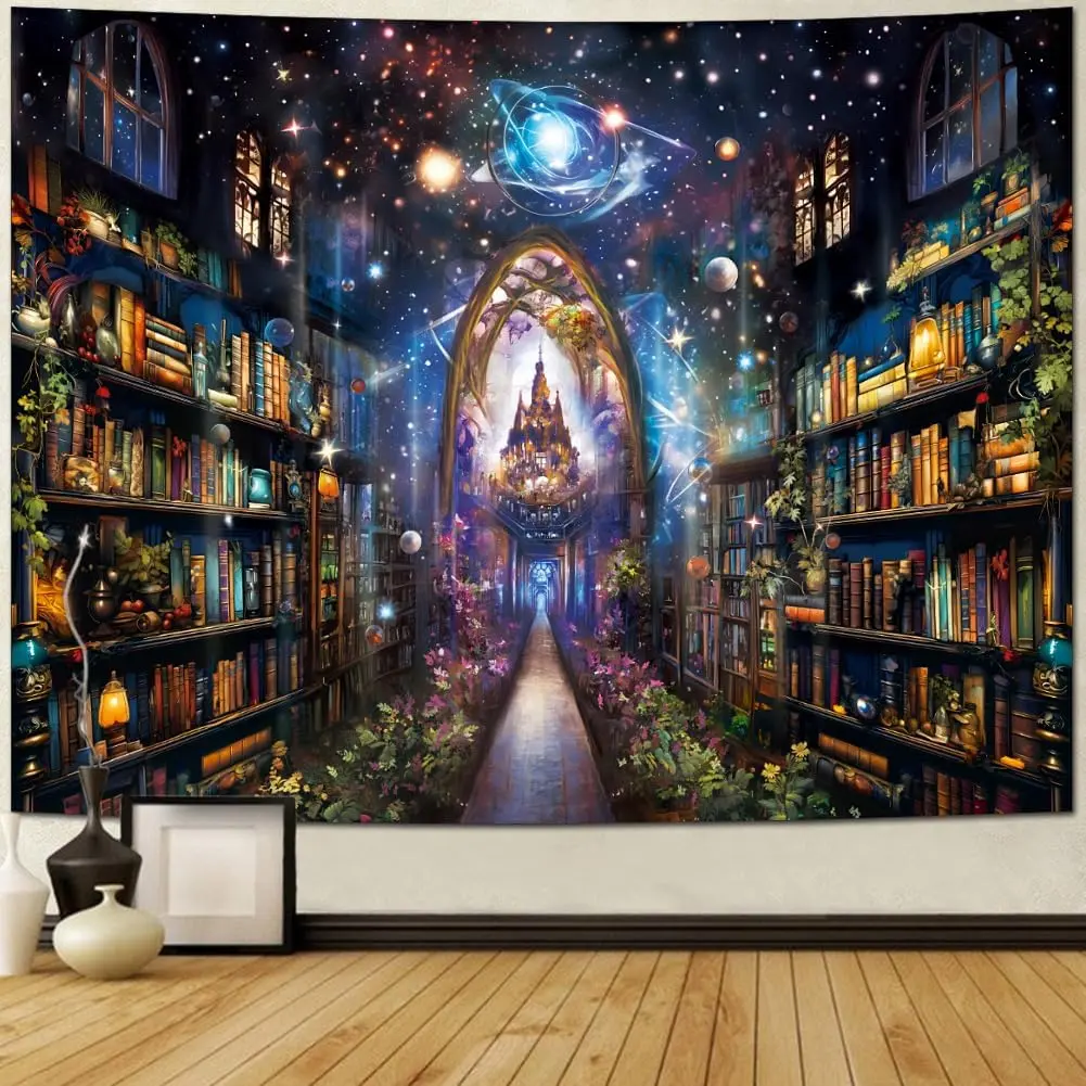 Heynvioo Mysterious Bookshelf Tapestry Galaxy Space Library Tapestry Fantasy Landscape Vintage Aesthetic Tapestries Book Decoration Wall Hanging Decor for Bedroom Home
