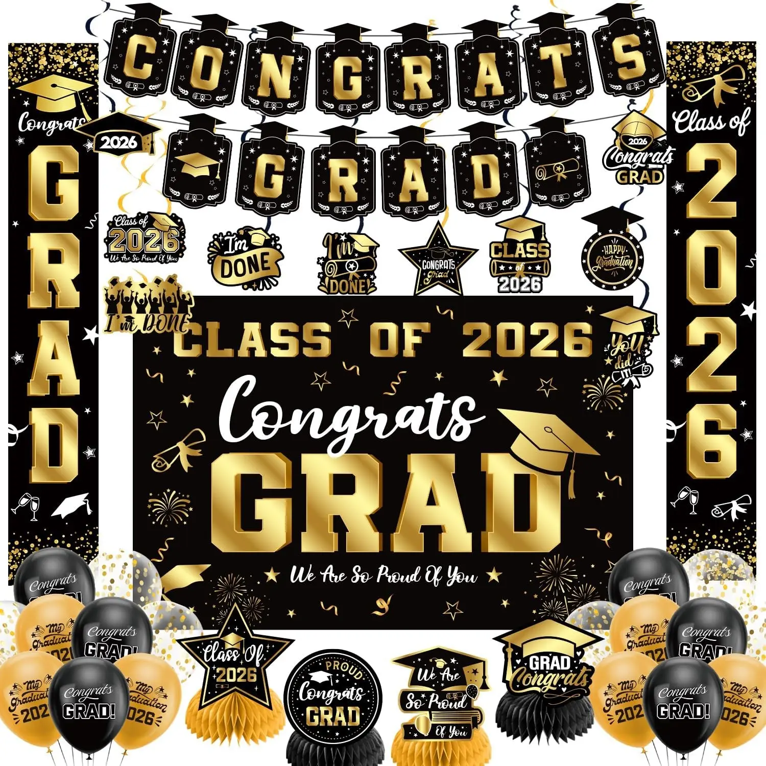 2026 Graduation Party Decorations Set Black and Gold, Congrats Grad Banner Backdrop, Porch Sign, Hanging Swirls, Honeycomb Centerpieces, Balloons for Grad Party SuppliesGift