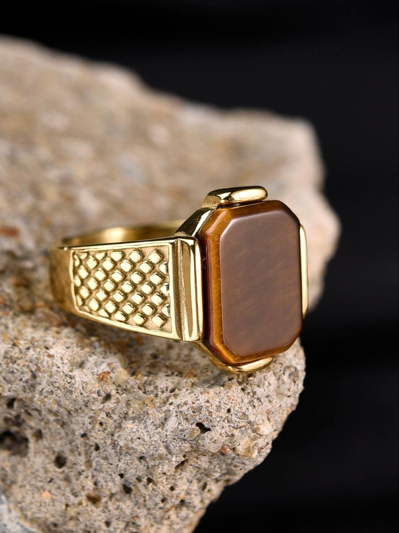 Business Style Men's Blue Ring, 316L Stainless Steel, 18K Gold Plated, Inlaid with Rectangle Agate