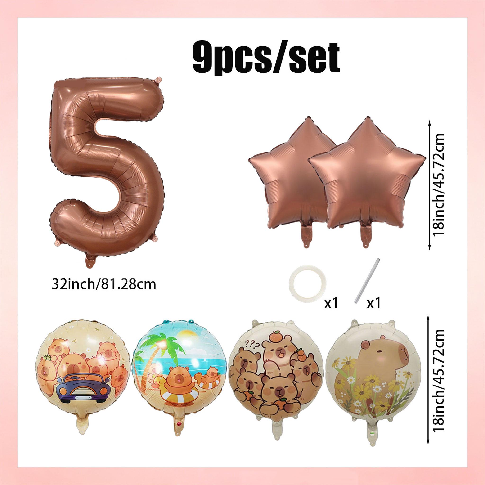 9-Piece Capybara Birthday Balloon Set, 32-Inch Chocolate Number, Shiny Star Aluminum Balloons, Party Decor, Kids Photo Props, Home Wall Decoration, Birthday Party Decorations