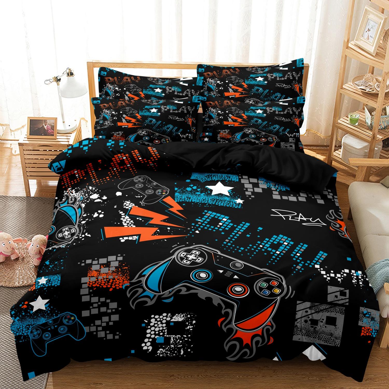 Video Game Controller Mouse Keyboard Headphone Pattern - Modern Fashionable Cool Gamepad Print - Boys Youth Gaming Equipment Bedding Set - 3pcs Duvet Cover Set (1Duvet cover+2Pillowcase ，No quilt)