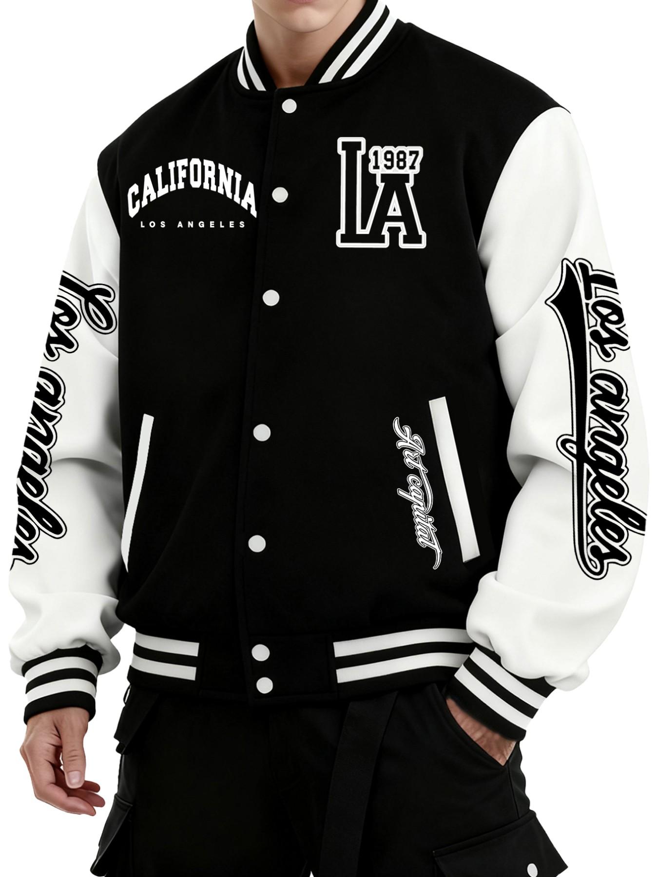 Men's Los Angeles Baseball Jacket with California Letter Print, Button Closure, All-Season Outerwear, Comfortable Stretch Fabric