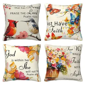 Jesus Christian Pillow Cover, Cardinals Butterfly Spring/Summer Pillow Cover, Flower Religious Decoration Cushion Cover, Home Textile, Suitable for Home Sofa and Farmhouse Decoration, 4-piece Set with Double sided Printing