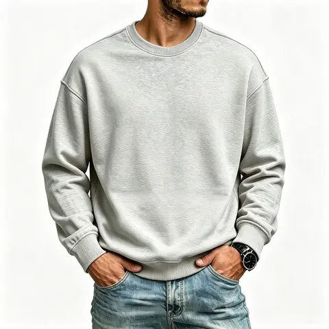 Men's cross-border cotton-blend lightweight fleece crewneck sweatshirt; a loose, casual, solid-color basic long-sleeve pullover. Suitable for everyday street style, outdoor activities, and lounging at home-YMDSJB003 Hoodie Menswear Tops Beige