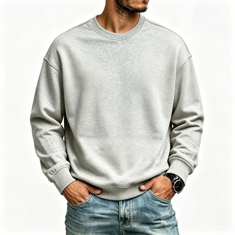 Men's cross-border cotton-blend lightweight fleece crewneck sweatshirt; a loose, casual, solid-color basic long-sleeve pullover. Suitable for everyday street style, outdoor activities, and lounging at home-YMDSJB003 Hoodie Menswear Tops Beige