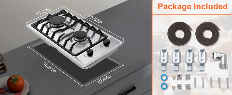 12 Inch Drop-In 2 Burner Gas Cooktop Stainless Steel NG LPG Convertible Propane Range RV Stove Built-In Cooktop GH001-122S-J