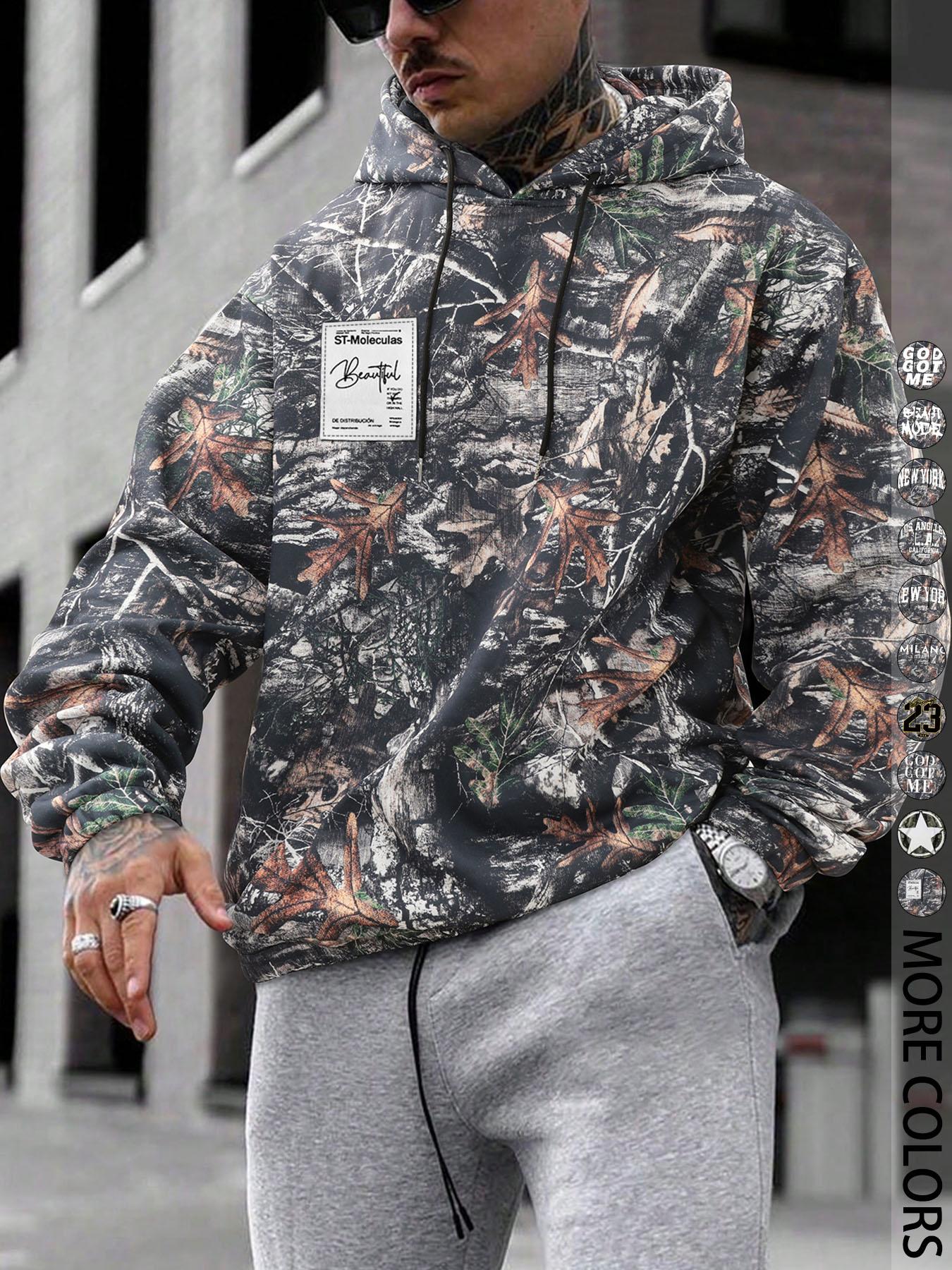 Men's Camo Print Hoodie, Regular Fit Casual Letter Print Long Sleeve Hooded Sweatshirt for Fall & Winter, Men's Top for Daily Wear