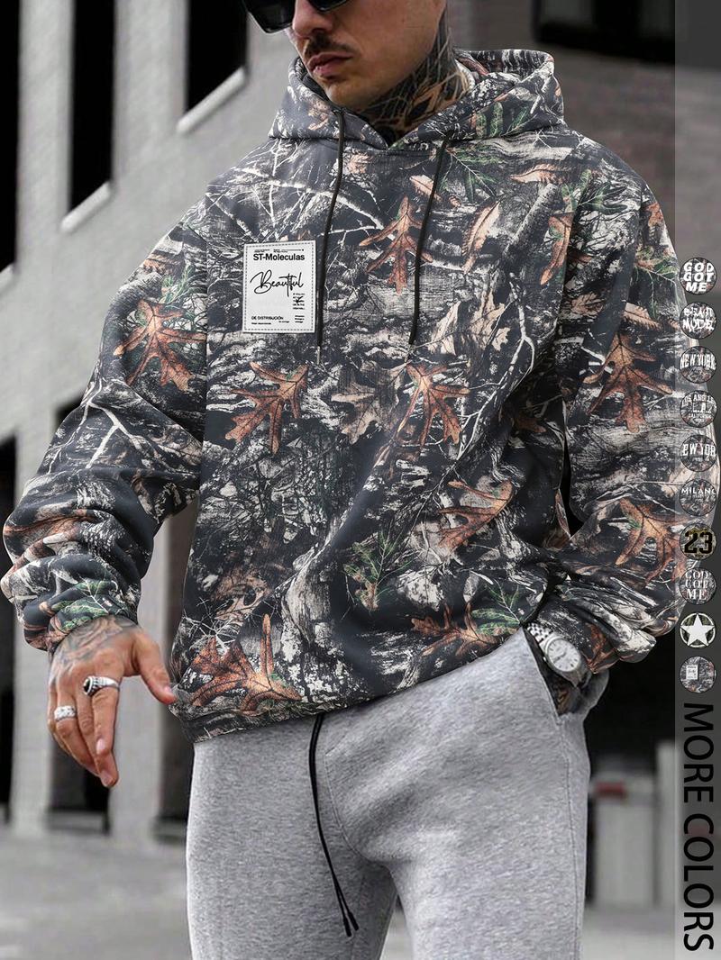 Men's Camo Print Hoodie, Regular Fit Casual Letter Print Long Sleeve Hooded Sweatshirt for Fall & Winter, Men's Top for Daily Wear