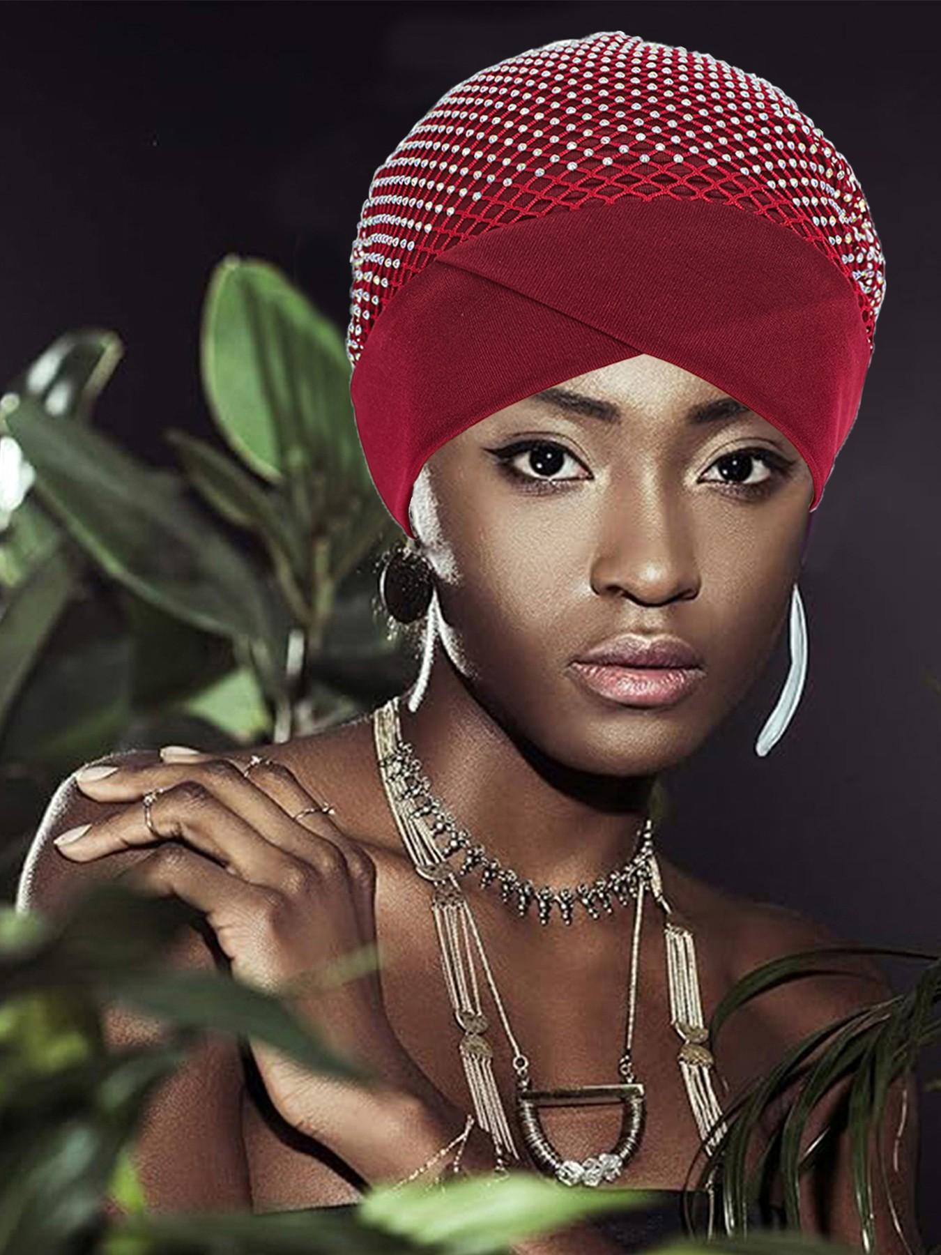 Women's Turban with Pure Color Design, Handmade Rhinestone Accessories, Dual-Layer Cut-Out, Perfect for Festive Occasions