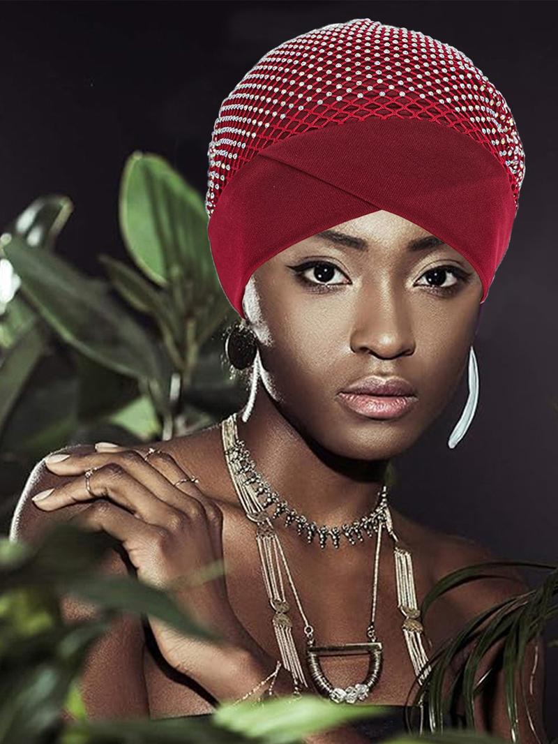 Women's Turban with Pure Color Design, Handmade Rhinestone Accessories, Dual-Layer Cut-Out, Perfect for Festive Occasions
