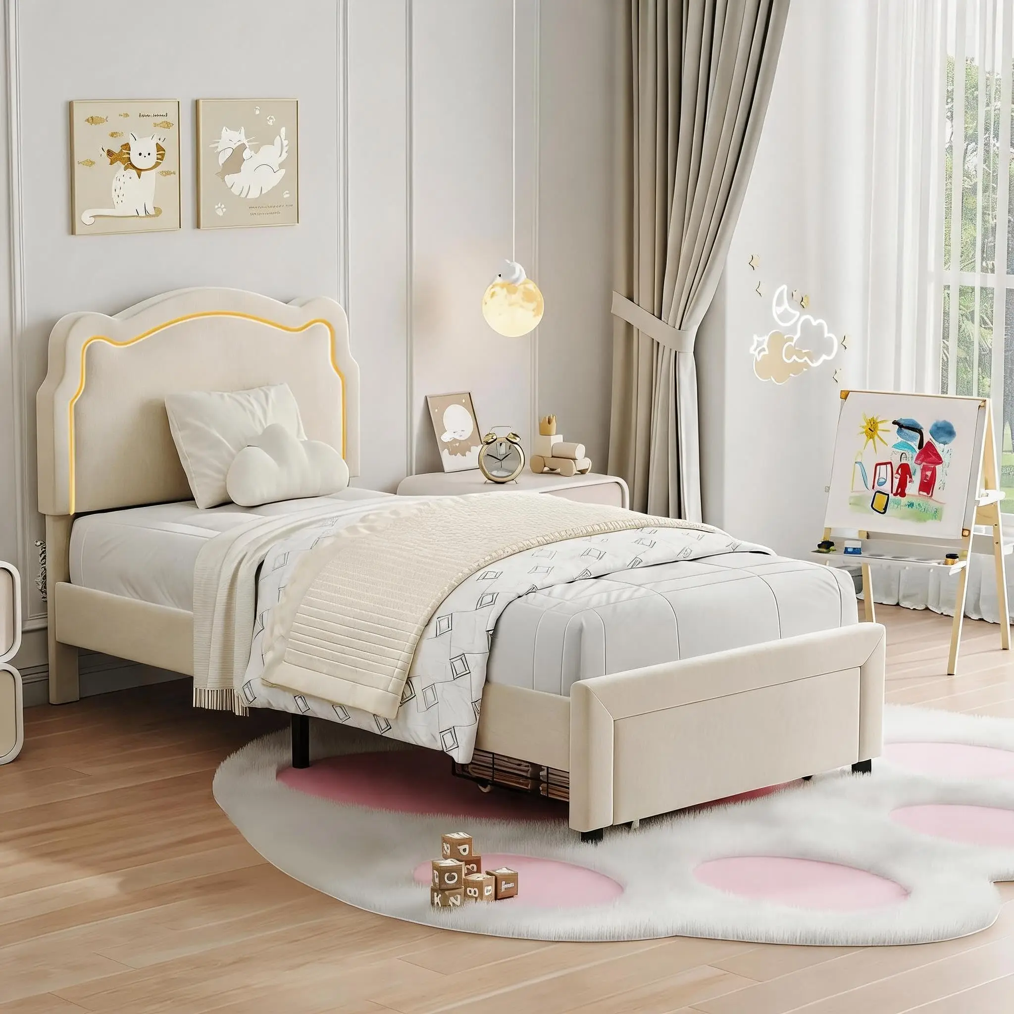 Garvee Cama Individual tapizada con Luces LED Inteligentes y cabecero Ajustable de Oso – Terciopelo Beige, cajón de Almacenamiento, Soporte de Lamas de Madera, fácil Montaje – Color: Blanco Giratorio