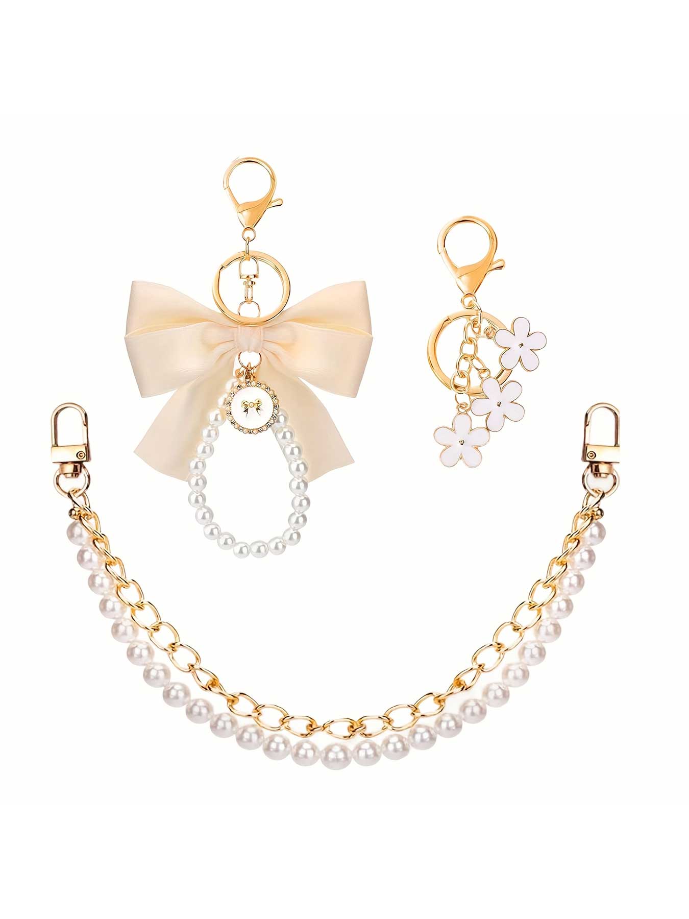 3pcs/Set Elegant Metal Bag Charms & Keychains Set-Double Layer Faux Pearl Bead & Chain Purse Charms,Decorative Bag Chain Handbag Decoration Purse Bag Extender Chain Bag Strap Purse Charms Accessories Keychain Kawaii Accessories For Bags