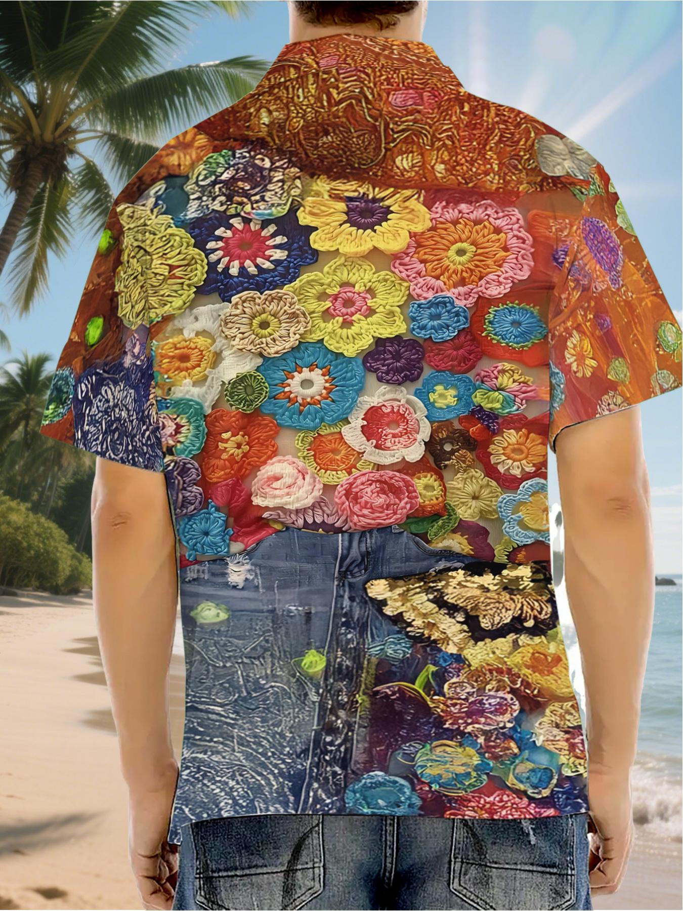 Men's Hawaiian Shirt - Flat Digital Print Pattern - No Texture - Colorful Crocheted Floral Denim Patchwork, Fashionable and Simple Short Sleeves, Buttoned, Casual Collar Shirt, Stylish and Versatile, Suitable for Dates, Beach Vacations, a Perfect Gift for