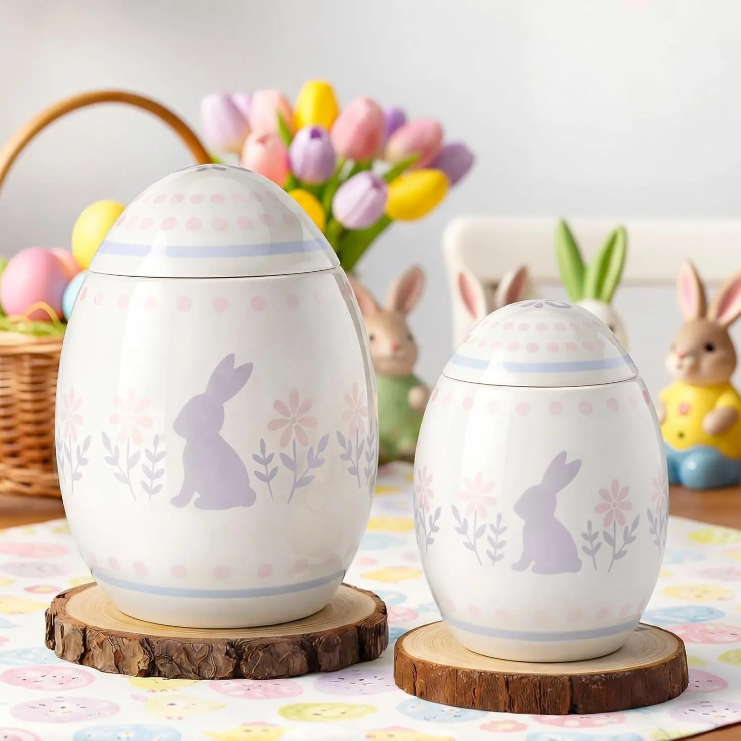 2 Pcs 7.87" 5.91" Ceramic Easter Egg Candy Jar with Lid, Egg Shaped Easter Cookie Jar Bunny Decorative Food Storage Canister, Cute Spring Decor Birthday Party Favors Gift for Home Table Decor