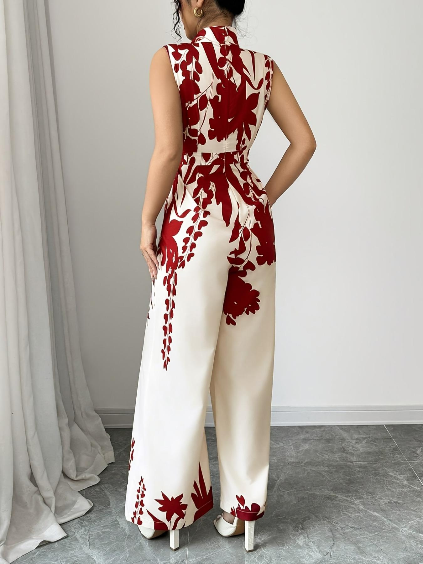 Elegant Women's Floral Print Jumpsuit, Bow Detail, High Neck Sleeveless Wide Leg, Fashion Design, All Seasons Wear, Casual Fashion Jumpsuit