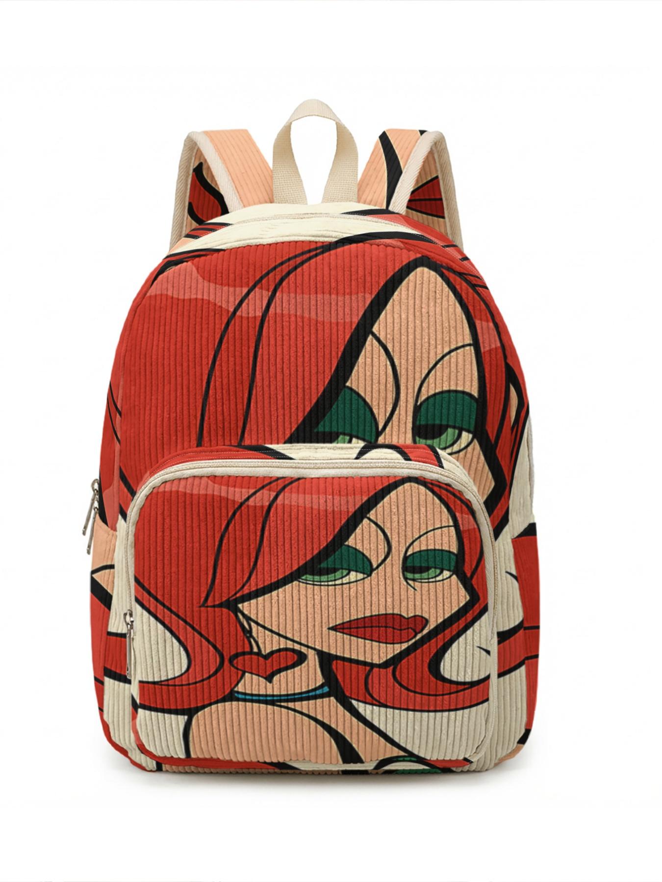 1 piece of 2D printed lady's backpack with red-haired character pattern, chenille texture + layered storage + lightweight and easy to carry|Perfect for students to go to class/shopping/short trips|Combines atmosphere with practicality
