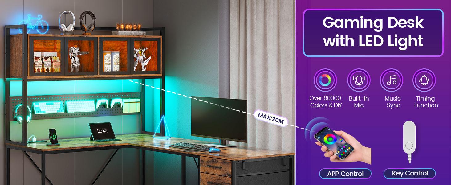 SEDETA L-Shaped Computer Desk with Storage Home Office Desk LED L-Shaped Gaming Desk with Storage