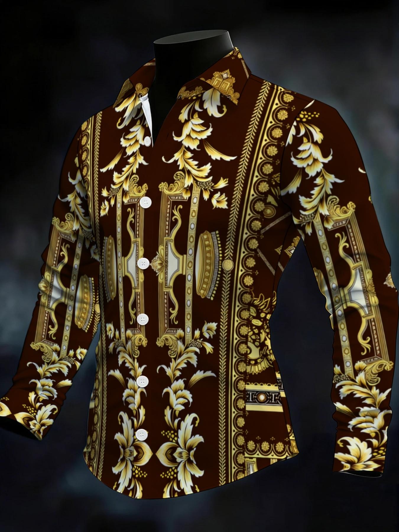 Men's Long Sleeve Shirt dark brown golden baroque print Novelty Pattern