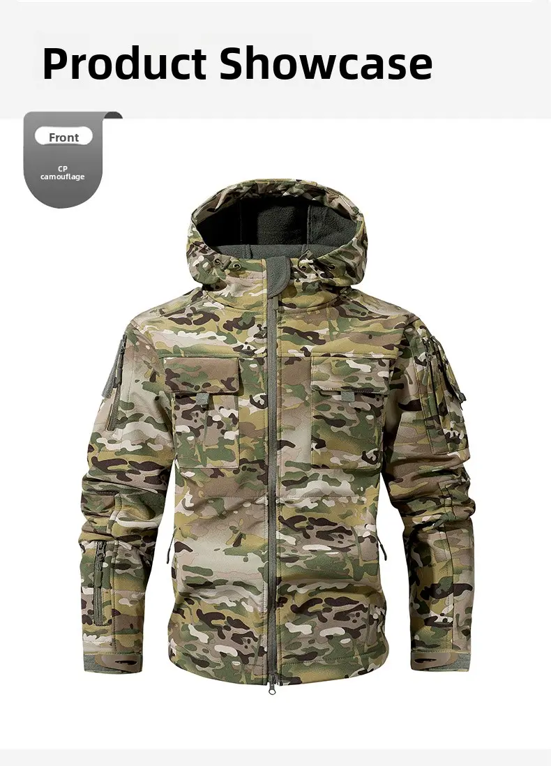 Men's Waterproof Fleece Hooded Jacket Mock Neck, Fitted, 9 Multi Compartment Pockets, Long Sleeves, Operator Style Camo Navy Workwear for Outdoor Motocross