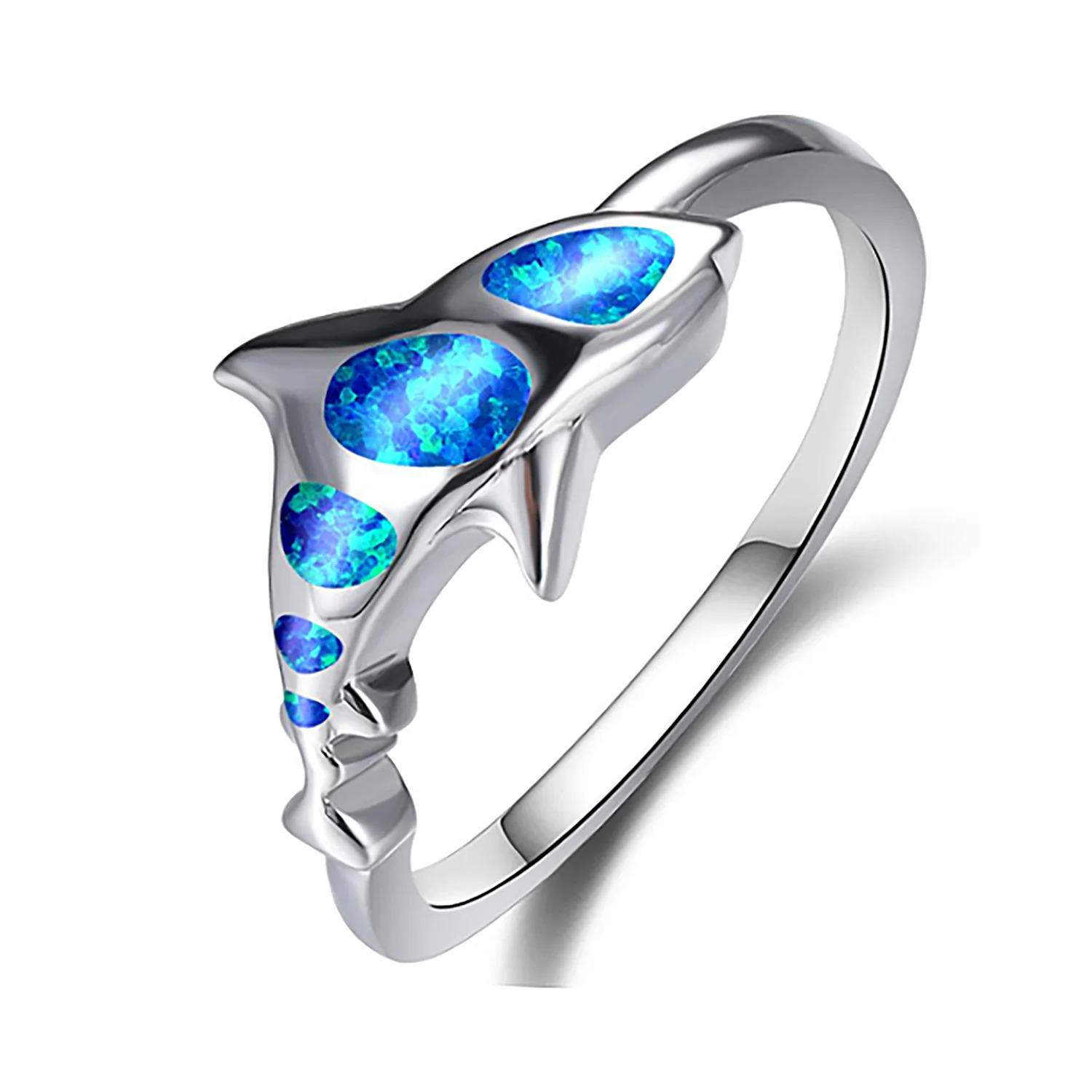 Ocean Theme Cute Shark Synthetic Blue Fire Opal Ring for Women Unique Engagement Finger Ring Gift for Lovers Jewelry Aniversary